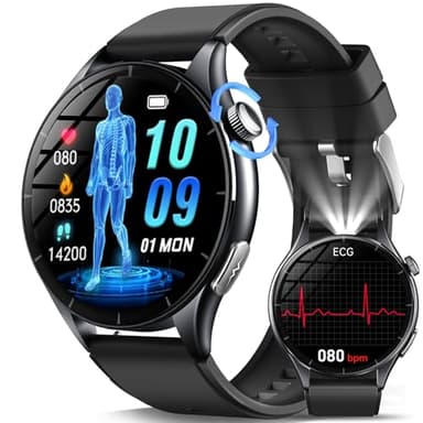 2026 Neue Smartwatch Herren mit EKG/ΒΙυtzυcker/BMI/HRV/Harnsäure/LED-Licht,1,56" AMOLED Rund Gesundheitsuhr mit 24H ΒΙutdruck/SpO2/Pulsuhr, Schlaf/Apnoe-Monitor, SOS-Notruf Fitnessuhr für iOS Android