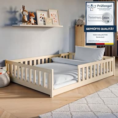 Kids Collective Kinderbett Bodenbett 140x200 cm Bett mit Rausfallschutz & Lattenrost Montessori Bett Bed Gitterbett Kinder Jugendbett Einzelbett | Natur