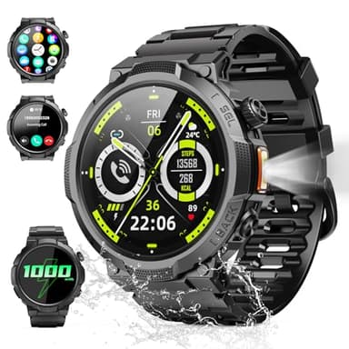 Smartwatch Herren Damen, 1.53" HD 1000mAh Militär Smart Watch mit Telefonfunktion, 100+Sportmodi Fitnessuhr Tracker, IP68 Wasserdicht Sportuhr, Herzfrequenz Schlafmonitor Schrittzähler Android iOS