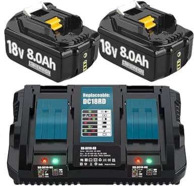 Hohe Kapazität 18V 8.0Ah/8000mAh Verbesserte 2X Ersatzakku für BL1860B + Dual Port 6A Ladegerät für DC18RD Kompatibel für BL1860B BL1850B BL1840B BL1830 with LED Werkzeugakku.