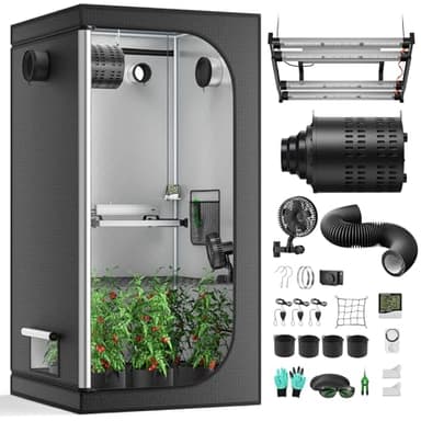 Growzelt Komplettset, 240W 100X100X200cm Vollspektrum LED Wachstumslampe mit integriertem Controller und 17cm Automatischer Belüftungssat mit Kohlefilter, Hydroponics Grow Zelt mit Thermometer