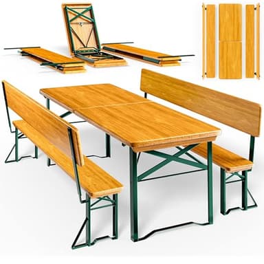 Casaria® Bierzeltgarnitur mit Lehne 170 cm Klappbar Stabil 2X Bierbank 1x Breiter Tisch Holz Biertischgarnitur Festzeltgarnitur Biergartengarnitur