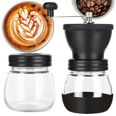 Retoo Kaffeemühle Manuell Keramikmahlwerk Grob- und Feinmühle Handmühle Edelstahl 9,5 x 18,5 cm Kaffeebohnen Klinge Schüssel für Zuhause Büro Aufbewahrungsbehälter Schwarz