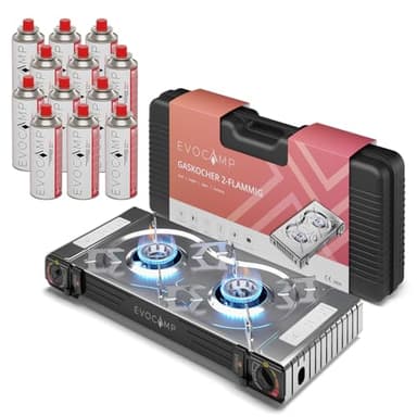 Gaskocher 2-flammig mit Piezozündung - Campingkocher für Gaskartuschen MSF-1a 227g - Camping Gaskocher für Campinggaz - Campingkocher 2 flammig - Campinggaskocher - Camping Herd + 12 Gaskartuschen