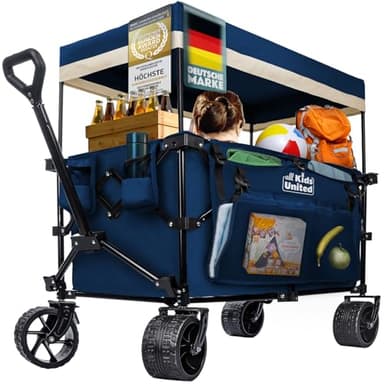 Faltbarer Bollerwagen Handwagen Transportkarre; Strand-Buggy bis 90L&150kg; XXL Geländeräder mit Bremse; Leiterwagen; Camping-Wagen für Strand, Garten & Outdoor; Verstellbarer Griff & Tasche (Blau)