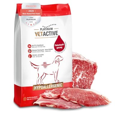 PLATINUM - Hundenahrung VETACTIVE Hypoallergenic aus Fleischsaftgarung - 5kg Hundefutter trocken nährstoffreich wie Barf - besonders schmackhaftes Hundetrockenfutter für Hunde mit Unverträglichkeiten
