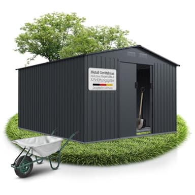 Juskys Metall Geräteschuppen XXL – Dunkelgrau, wetterfest mit Fundamentrahmen, Schiebetür & abschließbar - für Garten & Aufbewahrung