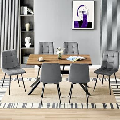 LEWE Esstisch mit 6 Stühlen, Rechteckiger Küchentisch aus Dunkle Holz in 140X80X76 cm mit 6 Dunkelgrau Holländischer Samt Esszimmerstühle, Schwarze Metallbeine, Für Küche, Esszimmer, Wohnzimmer