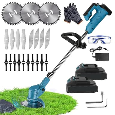 Akku-Rasentrimmer für Makita Akkus,Motorsense Akku mit 2x2000mAh Batterien,Freischneider Akku mit 4 Messertypen,21V Elektrischer Rasentrimmer Rasenkantenschneider für Rasenschneiden und Garten