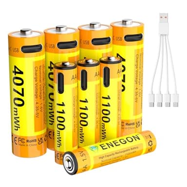 ENEGON 4er-Pack AAA + 4er-Pack AA Lithium-Akkus USB-C wiederaufladbar, AAA 1100 mWh/AA 4070 mWh, 1,5 V konstant, mit 1-auf-4-Ladekabel, für Fernbedienungen, Waagen, Tastaturen und Mäuse& mehr