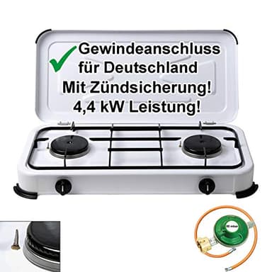Bluecraft Campingkocher 2 flammig mit Zündsicherung Gaskocher mit 4,4 kW Leistung für Gasflaschen Doppelkocher Gasherd mit Zubehör - 50 mbar Gasregler Gasschlauch für Camping Outdoor Garten & Freizeit