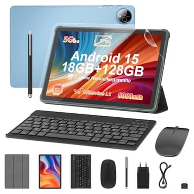 Tablet 11 Zoll mit Tastatur: Android 15 8000mAh Octa-Core 18GB+128GB 2TB TF Tablet PC - WiFi 6 BT 5.2 1280*800 FHD+IPS 13MP+5MP Kamera mit Maus, Usb C, Adapter, Hülle, OTG-Adapter, Stift, Schutzfolie