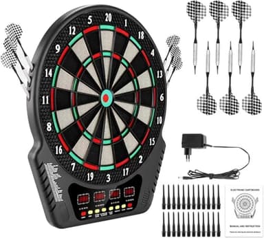 Professionelle Elektronische Dartscheibe für 1-16 Spieler, E-Dartautomat mit 4 LCD-Anzeige, 6 Darts & 24 Pfeilspitzen, 27 Spielmodi & 243 Spieloptionen, Sportgerät für Erwachsene