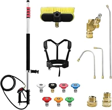 HoldOneLight PW-SSG-5-A Teleskop-Hochdruckreiniger-Verlängerungsstab mit Bürstenkopf, 2 Verlängerungsstäbe, Dachrinnenreiniger-Aufsatz, 7 Sprühdüsenspitzen, Stützgurt und 2 Schlauchadapter