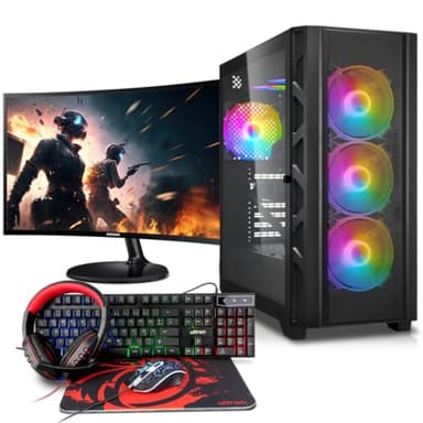Basic Gaming Komplett PC Set Ryzen 3 3200G, 16 GB DDR4, 1000 GB SSD M.2, Win 11 Pro 64bit + 24 Zoll Monitor + Tastatur, Maus, Headset Bundle