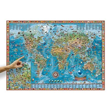 ORBIT GLOBES & MAPS Kinder-Weltkarte mit Tieren und Flaggen, Deutsch im Poster-Format XXL 138 x 98 cm mit aufschlussreicher Legende, Deko-Landkarte für Kinderzimmer