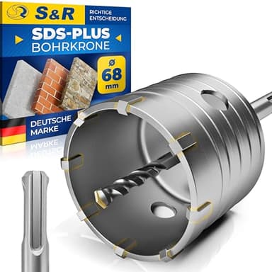 S&R Hohl-Bohrkrone Set Ø 68mm mit SDS plus Adapter 110mm und Zentrierbohrer 8x110mm, Steckdosen Bohrkrone 68mm, Hammerschlagfest, Dosenbohrer, Lochsäge, Steckdosenbohrer, für Bohrhämmer