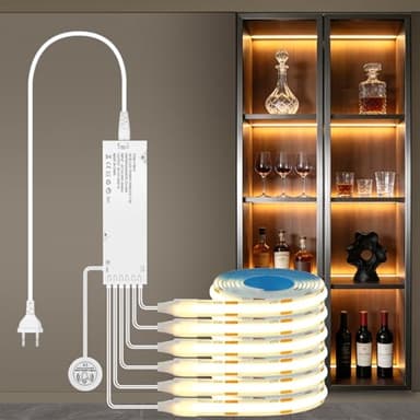 AXFEE COB LED Strip 1M, 6 in 1 Dimmbar COB LED Streifen Set mit 60W Stecker, Warmweiß led-Band mit Berühren und Hand Sweep Dimmschalter, für Regal, Akustikpaneele, Schrank, Vitrine& Küche Beleuchtung