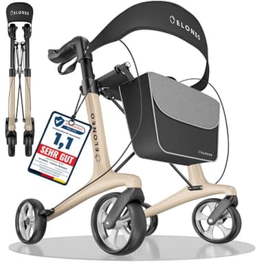Carbon Rollator faltbar und leicht mit Sitz, Leichtgewicht-Reiserollator ultraleicht 5,5 kg, Gehhilfe für Senioren 9-fach höhenverstellbar, Laufhilfe faltbar für Kofferraum, mit Tasche & Schirmhalter