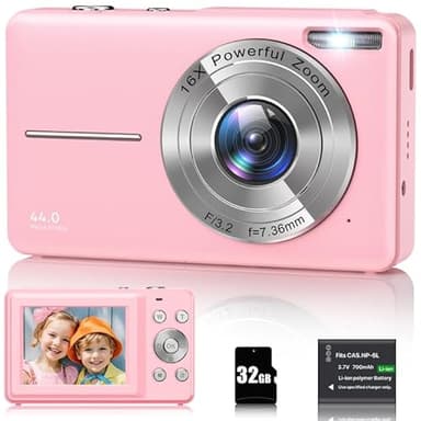 Digitalkamera 1080P 44MP Fotokamera 16X Digitalzoom Kamera, Vlogging Fotoapparat Kompaktkamera mit 2,4" LCD Bildschirm, 32G Micro Speicherkarte, 1 Akku für Kinder Teenager Studenten Anfänger-Rosa