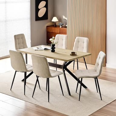WAFTING Essgruppe Esstisch mit 6 Stühlen, 140×80×73cm HDF Esstisch mit Helle Holzmaserung, und Gepolsterte Beige Esszimmerstühle mit hoher Rückenlehne und Leinendesign, für Küche Esszimmer, Wohnzimmer
