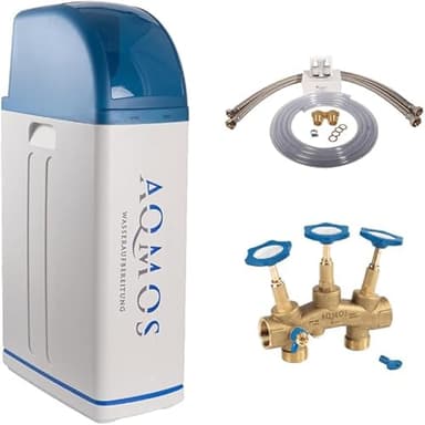 Aqmos R2D2-48 Wasserenthärtungsanlage mit Anschlussset 1" und Montageblock 1" | Wasserenthärter für Haushalte bis zu 5 Personen | Entkalkungsanlage Antikalkanlage Entkalker für weiches Wasser