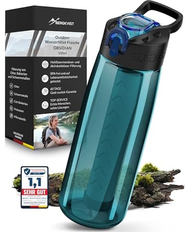 BERGKVIST® Outdoor Wasserfilter Flasche OBSIDIAN (650ml) mit Kompass - Trinkflasche mit Filter für sauberes Trinkwasser - Wasseraufbereitung für die Camping-, Prepper- & Survival-Ausrüstung (Türkis)