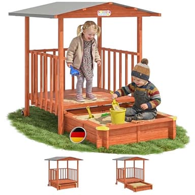 Spielwerk® Sandkasten Merle Sonnendach 143x130x130cm Veranda 95x95x20cm UV-Schutz Sandbox