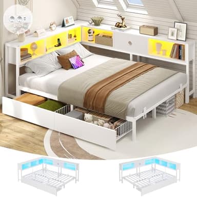 DICTAC Jugendbett 140x200 mit LED-Beleuchtung und Ladestation, Schlafsofa 140 x 200 mit stauraum-6 Staufächern und 2 Schubladen, Tagesbett mit Lattenrost aus Metall, Weiß