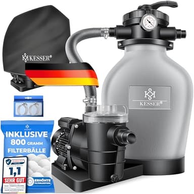 KESSER® Sandfilteranlage für Pool bis zu 60.000L, 10.200 L/h, 400W Pumpe, 20L Tank, 7-Wege-Ventil mit Druckanzeige mit 700g Filterbälle, Poolfilter 10 m³/h mit Adapter Ø32–38mm & Wettercover, Grau