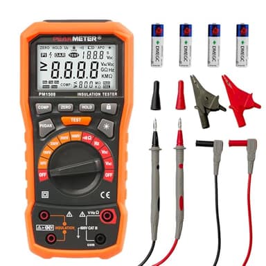 Digital Megohmmeter Isolationswiderstandsprüfer 1000V AC/DC für elektrische Geräte, Isolationswiderstand bis 100 GΩ, mit PI/DAR, Frequenz- und Niederspannungsprüfung, mit LCD-Display PM1508