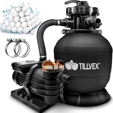 tillvex Sandfilteranlage Pool 10 m³/h inkl. 800g Filterbälle | Filteranlage 7-Wege Ventil & 2in1 Adapter Ø32mm - 38mm | Poolfilter mit Druckanzeige | Sandfilter für Schwimmbecken (Schwarz)