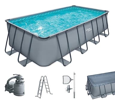 Summer Waves Frame Pool Komplettset | Rechteckig 549x274x132 cm Grau | Aufstellpool Set | Gartenpool & Schwimmbecken inkl. Sandfilterpumpe, Bodenvlies, Abdeckplane & Einstiegsleiter
