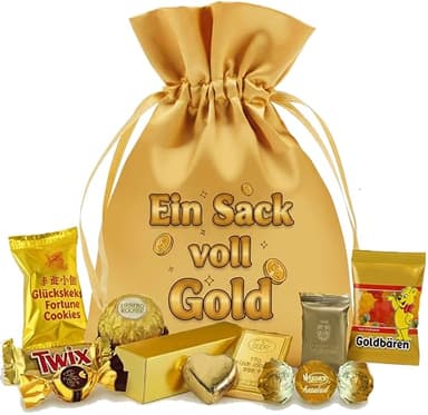 Ein Sack voll Gold – wiederverwendbarer Satin-Geschenkbeutel mit lustigem Aufdruck als Geld-Geschenk mit goldenen Leckereien & befüllbarem Goldbarren, Größe L