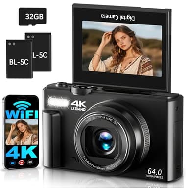 4K Digitalkamera mit WLAN 64MP Kamera Fotokamera 3" 180° Klappbildschirm Fotoapparat Digitalkamera für Kinder Anfänger, 18X Digitalzoom, Autofokus, mit 32GB Karte, 2 Batterien