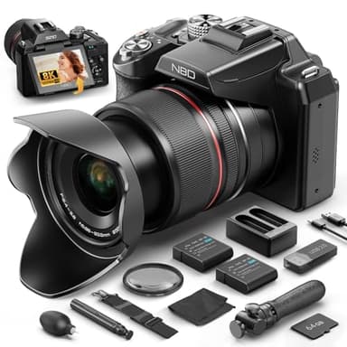 NBD 5K Digitalkamera 64MP | 16x Opt. Zoom & Autofokus | 3" 180° Drehdisplay | Blitzschuh (HS) Pro-Erweiterungen | WiFi | inkl. 64GB TF-Karte + Wartungs-Kit (Schwarz)
