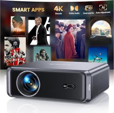 Smart Beamer 4K, Netflix-kompatibel, Dolby Audio, 1000 ANSI Beamer 4K Heimkino Unterstützt Auto Focus/6D Trapezkorrektur, WiFi 6/Bluetooth Full HD 1080P Projektor Outdoor Garten für Android/iPhone