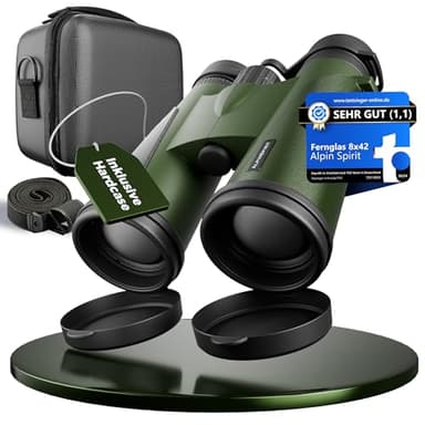 AlpinSpirit© Fernglas 8x42 inkl. Hardcase & Zubehör (Testsieger) – geeignet für Brillenträger - kompaktes & leichtes Fernglas - wasserabweisend,FMC Linse+BAK4, Binocular für Kinder & Erwachsene(grün)
