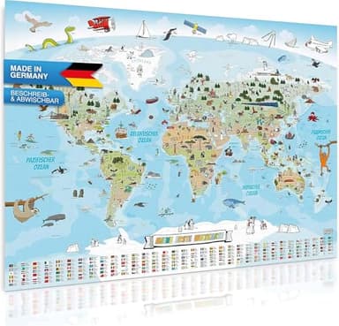 Panorama Weltkarte für Kinder XXL - 140x100cm Kinder-Weltkarte komplett handgezeichnet und koloriert