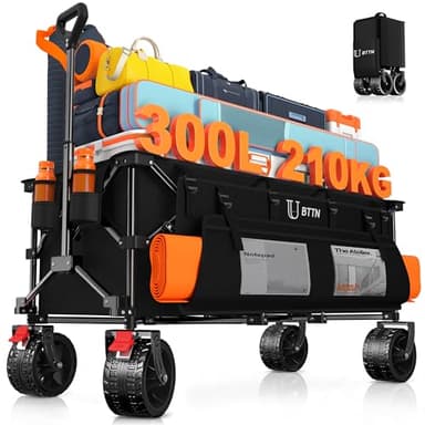 BTTN XXXL Bollerwagen Faltbar 300 L / 210 kg Traglast – mit Bremsen, 18×10 cm Breitreifen – Klappwagen für Garten, Strand, Camping & Einkaufen – Schwarz