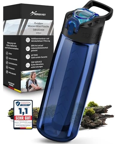 BERGKVIST® Outdoor Wasserfilter Flasche OBSIDIAN (650ml) mit Kompass - Trinkflasche mit Filter für sauberes Trinkwasser - Wasseraufbereitung für die Camping-, Prepper- & Survival-Ausrüstung (Blau)