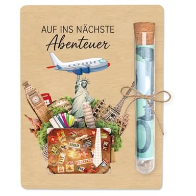 Geldgeschenk Reise, Originelle Geburtstag Geldgeschenk Holz 10 x 13cm, Flugzeug Urlaub Geschenk Verpackung mit Reagenzglas, Flitterwochen Geld Geschenk Holz Deko für Freunde Familie Frauen Männer