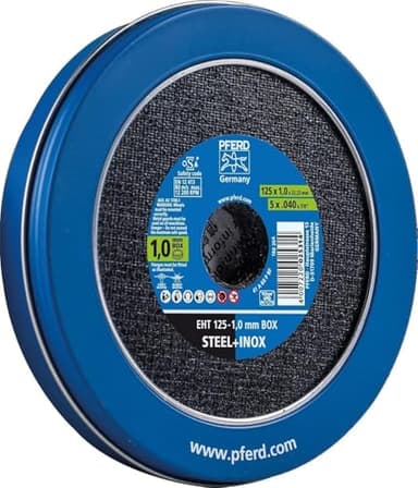 PFERD TOOLS 1,0 mm Trennscheiben Box - 10 Trennscheiben 125 x 1,0 x 22,23 mm in praktischer Blechdose, 69121041 - für hohe Trennleistung und solide Standzeit auf Stahl und Edelstahl (INOX)