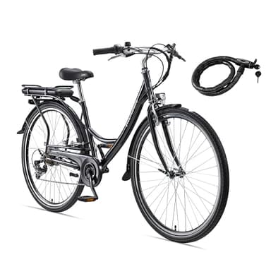 Teutoburg Senne Fahrrad Pedelec Citybike Elektrofahrrad schwarz, E-Bike 28 Zoll, 10,4 Ah/36V Lithium Ionen Akku, 7-Gang Kettenschaltung, inkl. Panzerkabelschloss