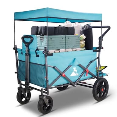 TOPWELL Faltbar Bollerwagen mit 2 Klappsitze,Sicherheitsgurten und Dach, Multifunktionaler Transport-Handwagen mit 180L Kapazität,Tragfähigkeit 120kg (Himmelblau)