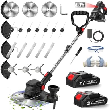 SMILOVII Rasentrimmer mit Akku 21V, 4-in-1 Freischneider & Motorsense 24000 RPM, Rasenkantenschneider inkl. 2X 2.0Ah Batterien, Rädern, 90° drehbarer Kopf & LCD-Anzeige (Profi-Serie)