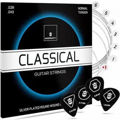 MORIATY® Gitarrensaiten Konzertgitarre – Saiten für klassische Gitarre (Nylon & Silber) | Akustikgitarre 6er Set inkl. 4 Plektren + Extra E-Saite | Hochwertige Guitar Strings