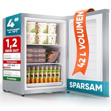 Stillstern Mini Gefrierschrank (42L) -18°C, Eiswürfelschale, Schloss, Türanschlag wechselbar, 4-Sterne Tiefkühlschrank für Camping/Büro Gefriertruhe Klein Gefrierschrank Klein Tiefkühltruhe Silber