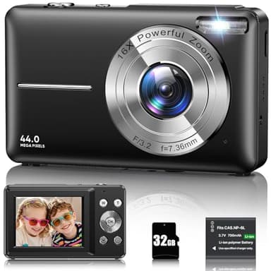 Digitalkamera 1080P 44MP Fotokamera 16X Digitalzoom Kamera, Vlogging Fotoapparat Kompaktkamera mit 2,4" LCD Bildschirm, 32G Micro Speicherkarte, 1 Akku für Kinder Teenager Studenten Anfänger-Schwarz
