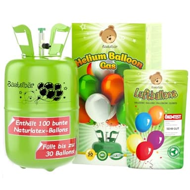 Helium Gasflasche + 100 Luftballons ÖKO-TEST "SEHR GUT" • für ca. 30 Ballons ✓ garantierte 200l Ballongas ✓ Ballons MADE IN EU ✓ Helium Balloon Gas • praktisches Füllsystem für Party, Geburtstag uvm.